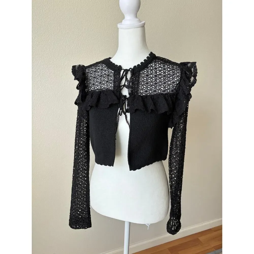 Zara Black Lace Tie Front Ruffle Cropped Combination Cardigan S